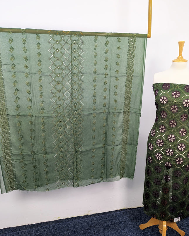 Fancy Embroidered Lawn With Full Chikankari Work And Chiffon Dupatta