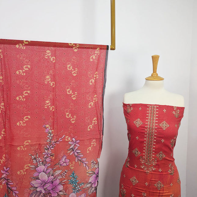 Fancy Embroidered + Digital Printed Lawn With Chiffon Dupatta