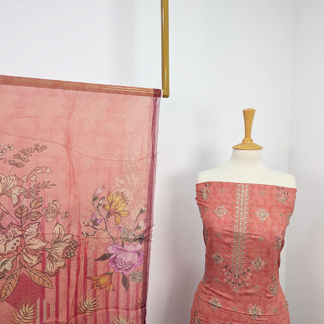 Fancy Embroidered + Digital Printed Lawn With Chiffon Dupatta