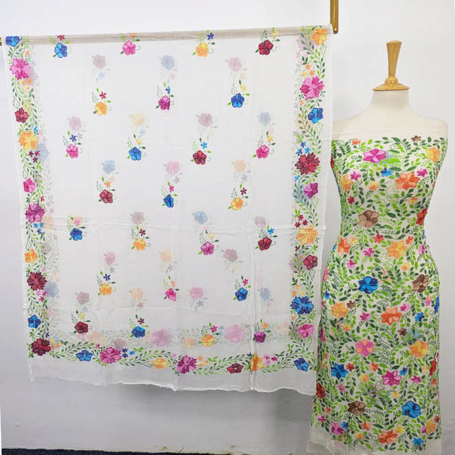 Pure China Crinkle with Cross Stitch Pakka Tanka Work 2PC -Dyeable