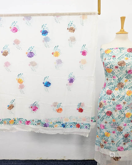 Handmade Pure China Crinkle with Kacha Pakka Tanka Work (Dyeable)