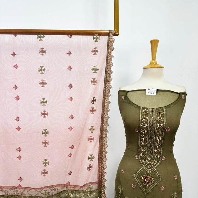 Fancy Embroidered Chiffon with Net Dupatta 3Pc Unstitched