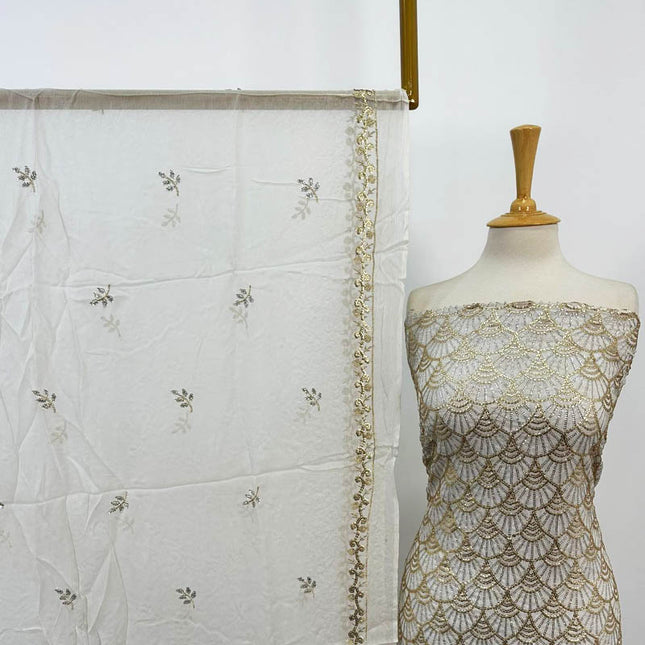 Fancy Dyeable Bamber Chiffon with Front Back Full Jaal Sitara Work