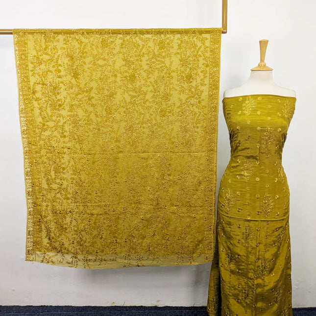 Fancy Embroidered Raw Silk with Chiffon Dupatta 3PC Unstitched