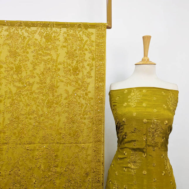 Fancy Embroidered Raw Silk with Chiffon Dupatta 3PC Unstitched