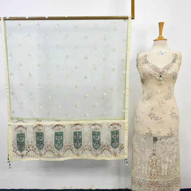 Embroidered Net Shirt Dupatta + Silk Trouser 3PC Unstitched