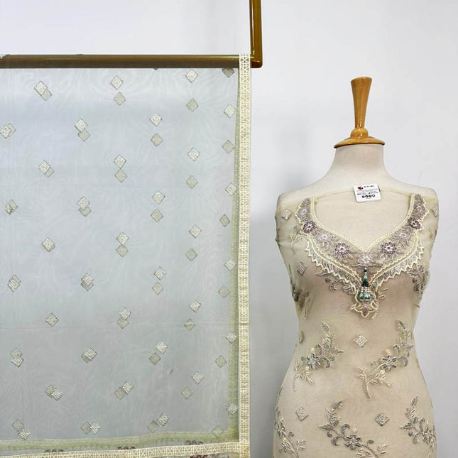 Embroidered Net Shirt Dupatta + Silk Trouser 3PC Unstitched