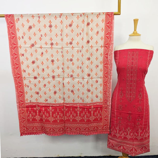 Embroidered Lawn With Lace Border Dupatta 3PC Unstitched