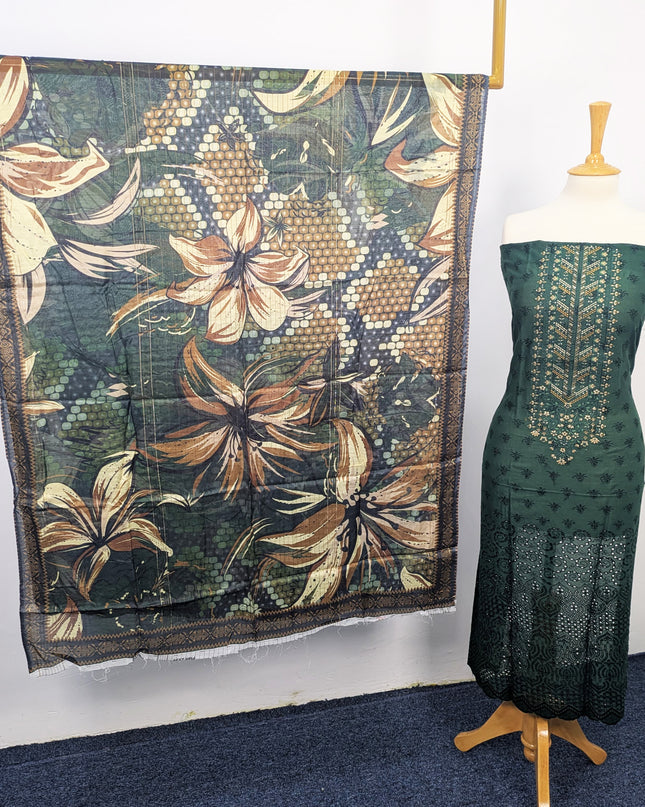 Fancy Chikankari Lawn With Digital Printed Lawn Dupatta  3pc Unstitched