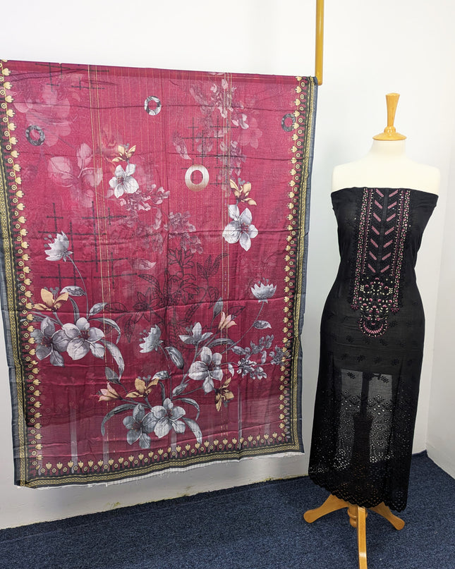 Fancy Chikankari Lawn With Digital Printed Lawn Dupatta  3pc Unstitched
