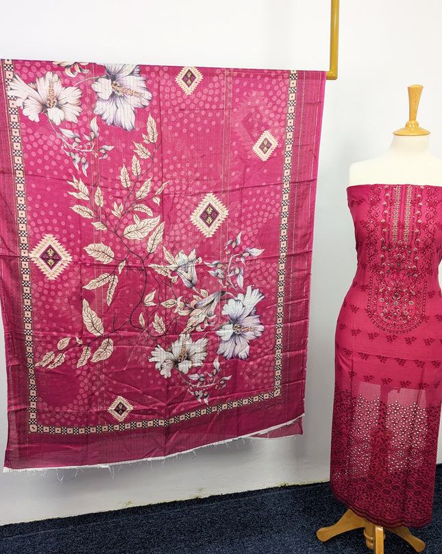Fancy Chikankari Lawn With Digital Printed Lawn Dupatta  3pc Unstitched