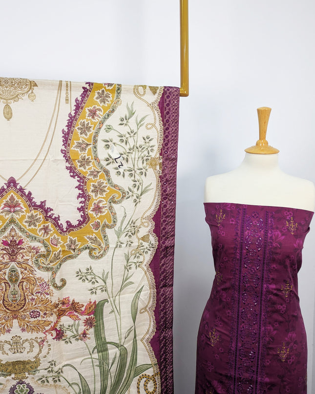 Fancy Embroidered Digital Printed Lawn With Chikankari Work