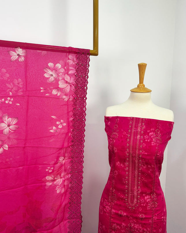 Fancy Printed Lawn With Embroidered + Chikankari Work & Chiffon Dupatta
