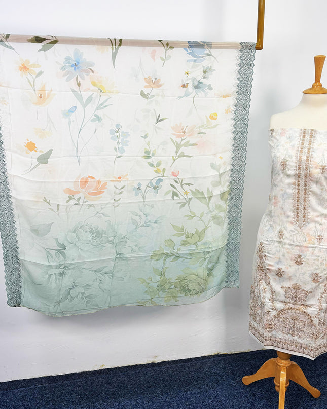 Fancy Printed Lawn With Embroidered + Chikankari Work & Chiffon Dupatta