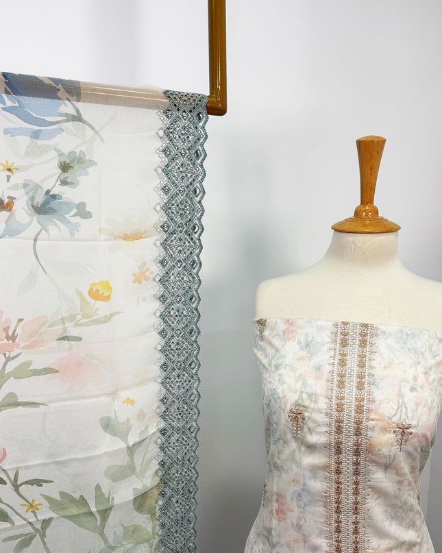 Fancy Printed Lawn With Embroidered + Chikankari Work & Chiffon Dupatta