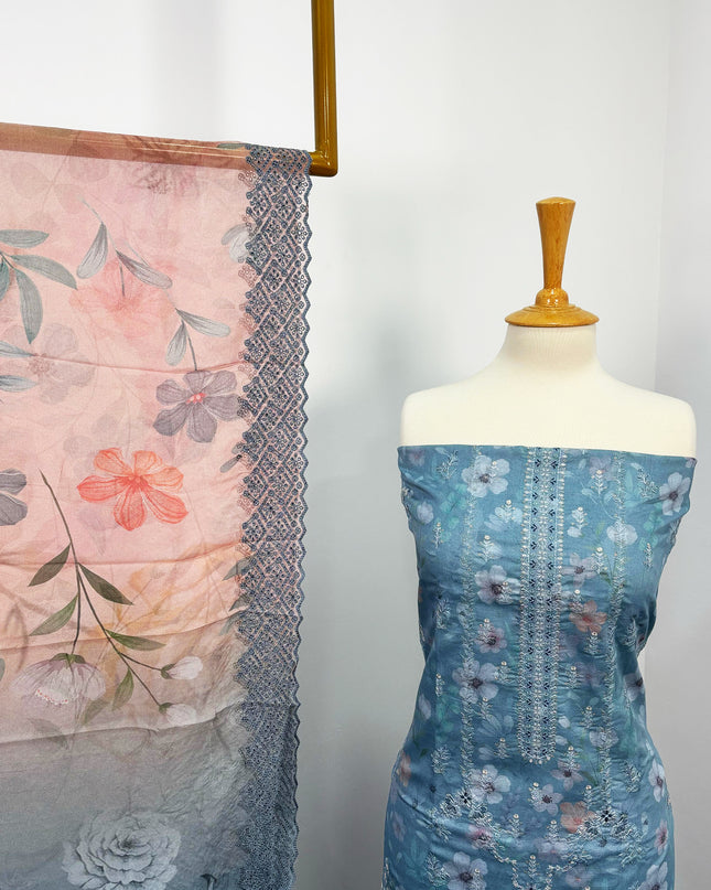 Fancy Printed Lawn With Embroidered + Chikankari Work & Chiffon Dupatta