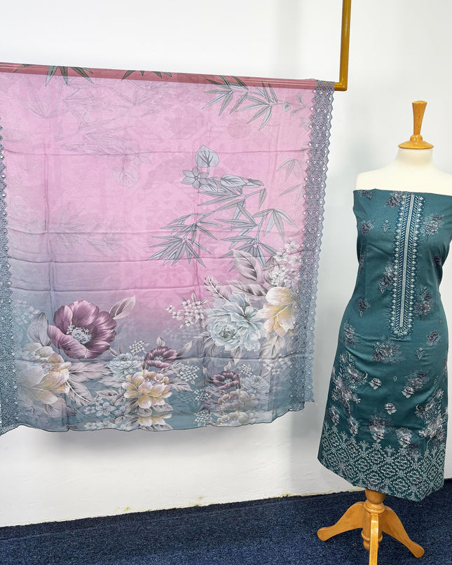 Fancy Printed Lawn With Embroidered + Chikankari Work & Chiffon Dupatta