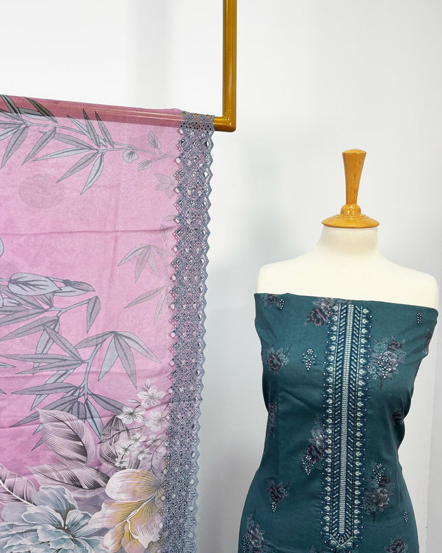 Fancy Printed Lawn With Embroidered + Chikankari Work & Chiffon Dupatta