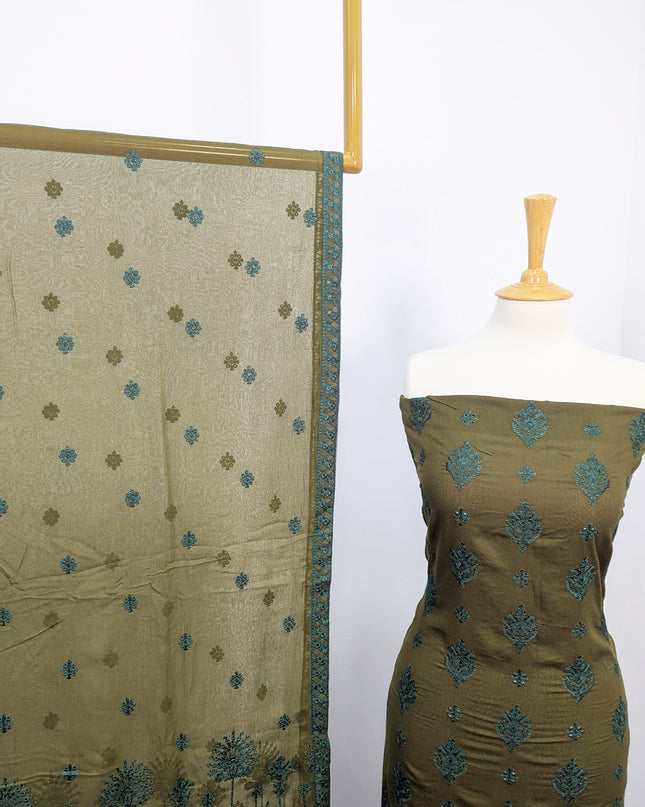 Fancy Embroidered Karandi Lawn With Chiffon Dupatta