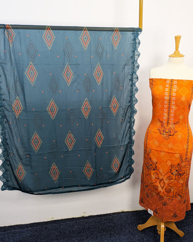 Fancy Embroidered + Digital Printed Lawn With Chiffon Dupatta
