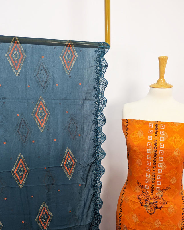 Fancy Embroidered + Digital Printed Lawn With Chiffon Dupatta