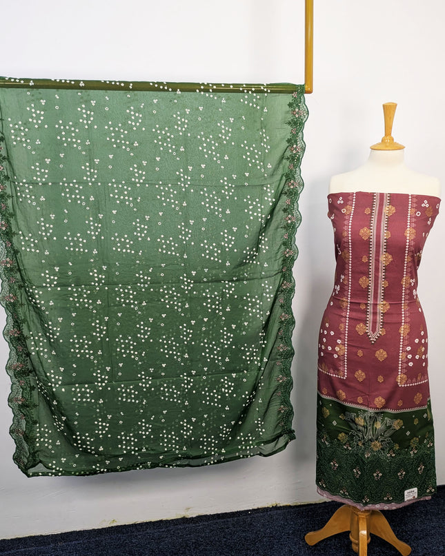 Fancy Embroidered + Digital Printed Lawn With Chiffon Dupatta