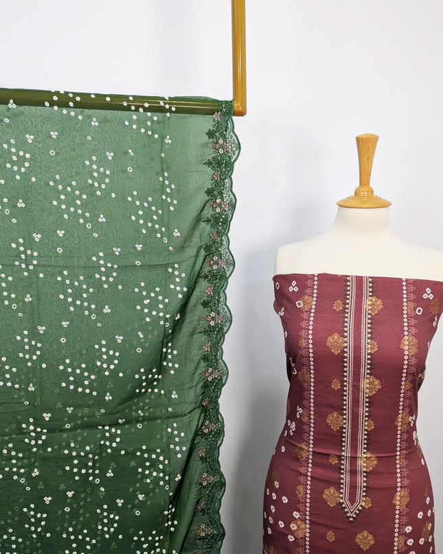Fancy Embroidered + Digital Printed Lawn With Chiffon Dupatta