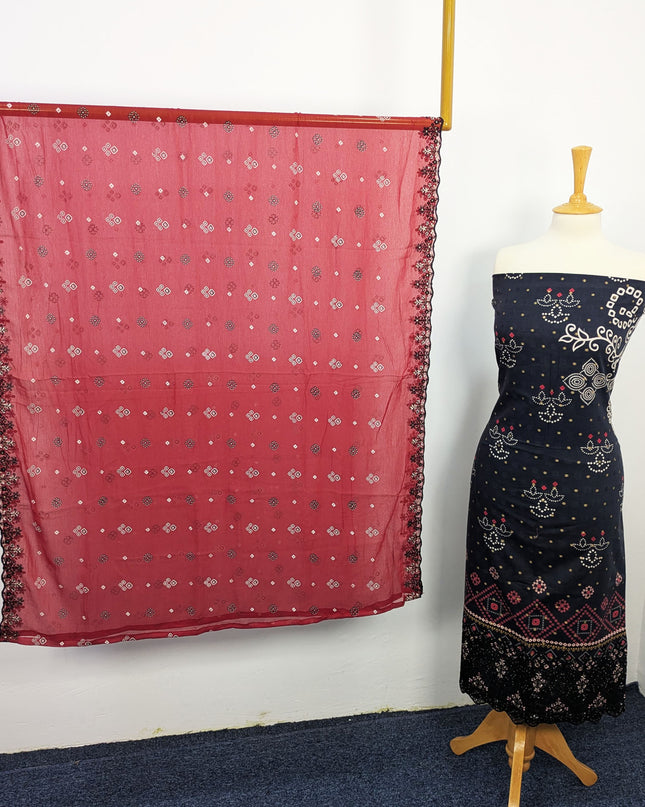 Fancy Embroidered + Digital Printed Lawn With Chiffon Dupatta
