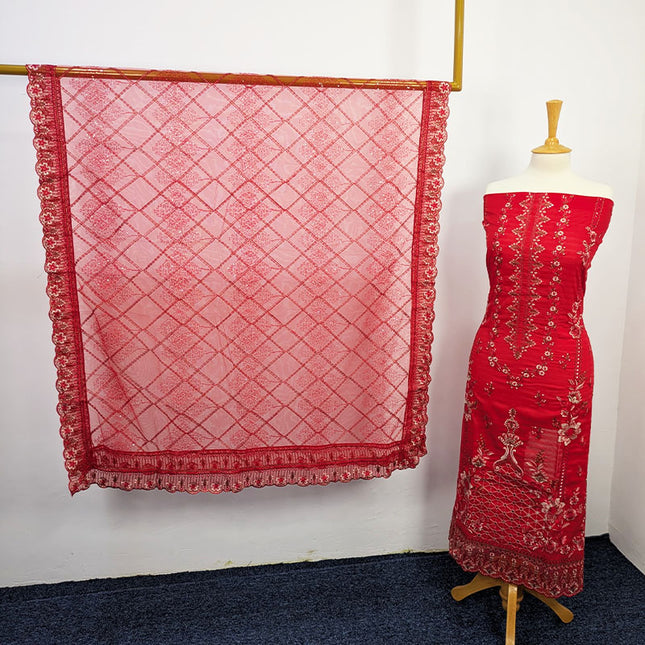 Embroidered Lawn With Net Dupatta Unstitched 3pc