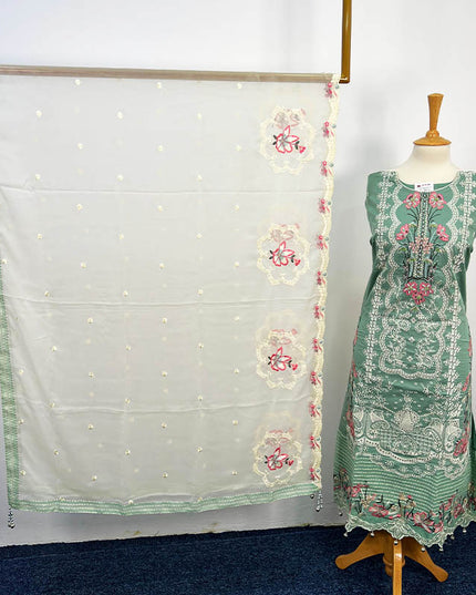 Embroidered Semi Stitched Lawn With Chiffon Dupatta 3PC Unstitched