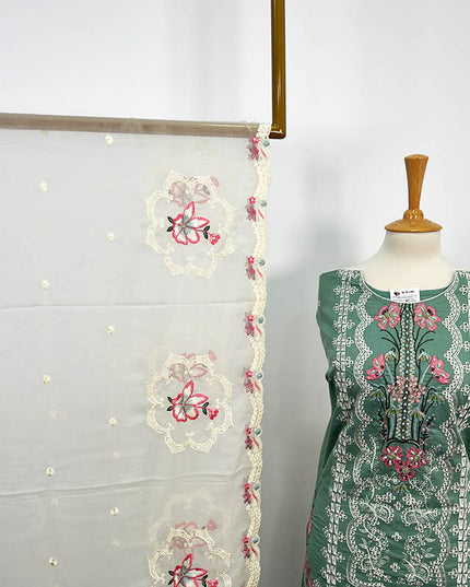 Embroidered Semi Stitched Lawn With Chiffon Dupatta 3PC Unstitched