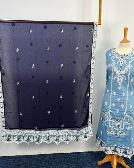 Embroidered Semi Stitched Lawn With Chiffon Dupatta 3PC Unstitched