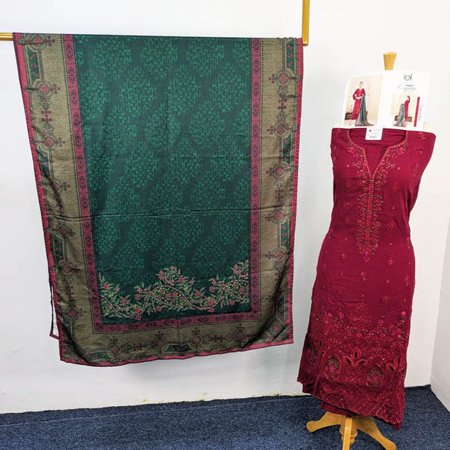 Embroidered Leather Peach With Printed Shawl  - Tawakal