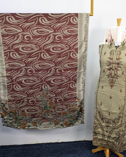 Embroidered Leather Peach With Printed Shawl  - Tawakal