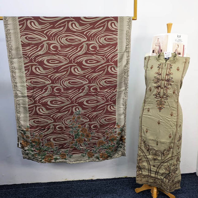 Embroidered Leather Peach With Printed Shawl  - Tawakal