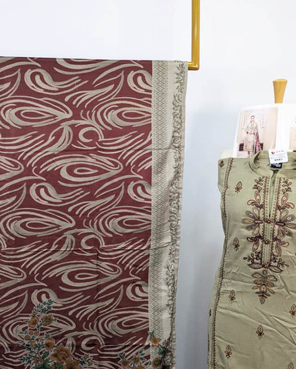 Embroidered Leather Peach With Printed Shawl  - Tawakal