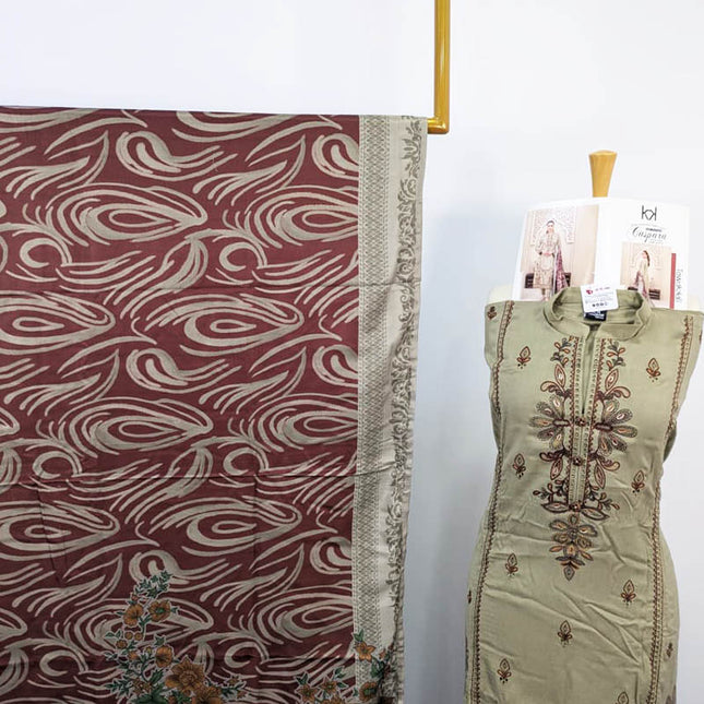 Embroidered Leather Peach With Printed Shawl  - Tawakal