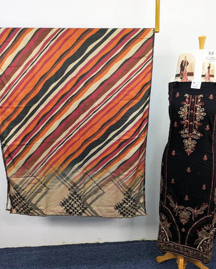 Embroidered Leather Peach With Printed Shawl  - Tawakal