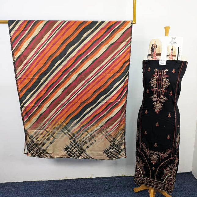 Embroidered Leather Peach With Printed Shawl  - Tawakal