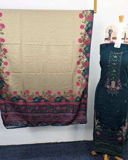 Embroidered Leather Peach With Printed Shawl  - Tawakal