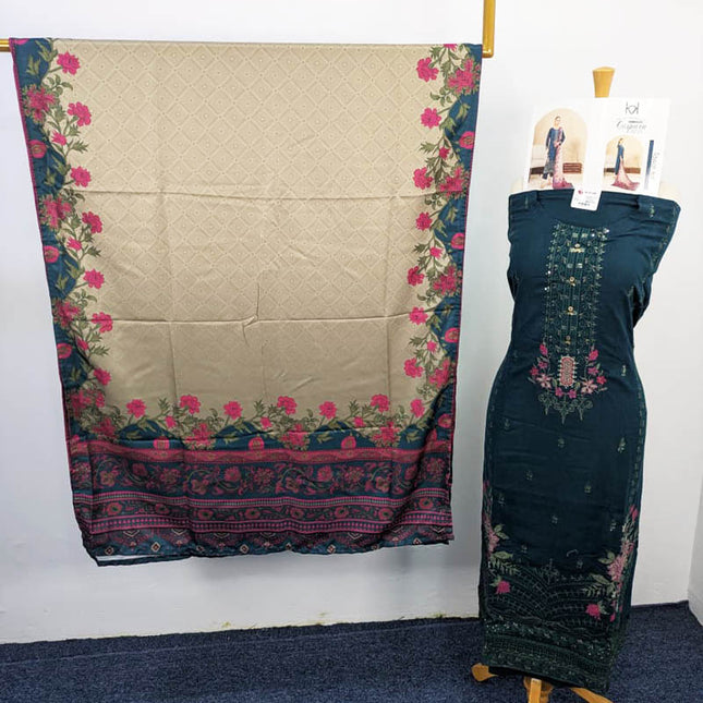 Embroidered Leather Peach With Printed Shawl  - Tawakal