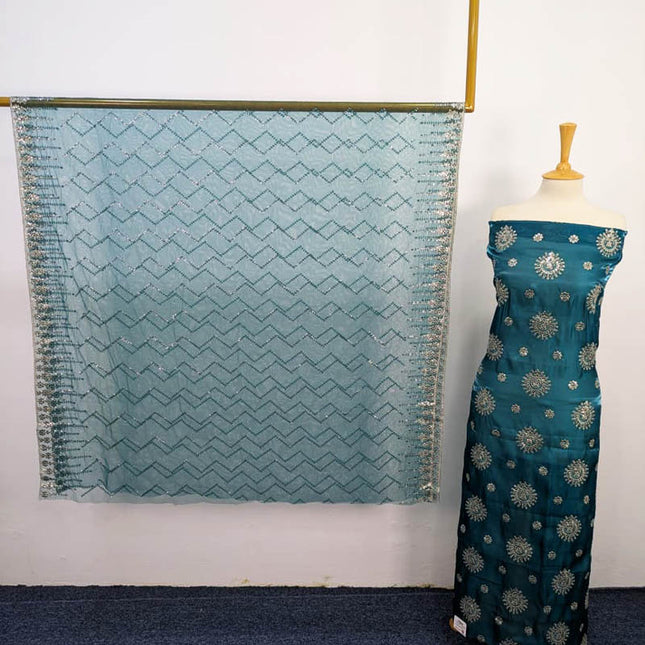 Embroidered Korean Silk With Net Dupatta