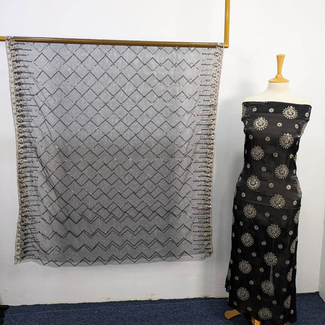 Embroidered Korean Silk With Net Dupatta