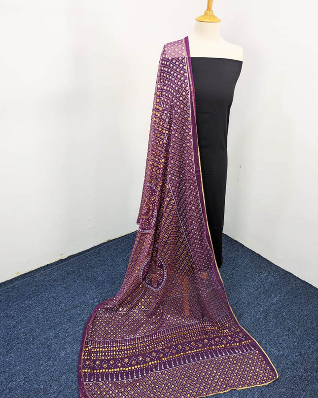 Chiffon With Block Print + Mirror Sitara Work Dupatta