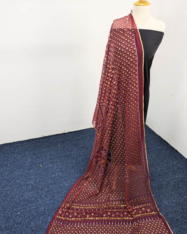 Chiffon With Block Print + Mirror Sitara Work Dupatta