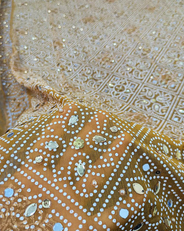 Chiffon With Block Print + Mirror Sitara Work Dupatta