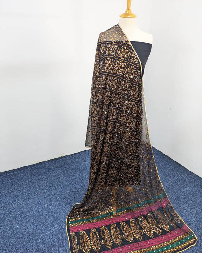 Chiffon With Block Print + Mirror Sitara Work Dupatta