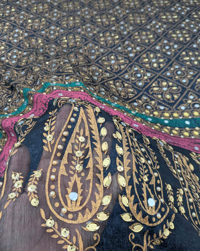 Chiffon With Block Print + Mirror Sitara Work Dupatta