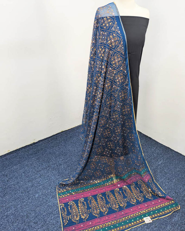 Chiffon With Block Print + Mirror Sitara Work Dupatta