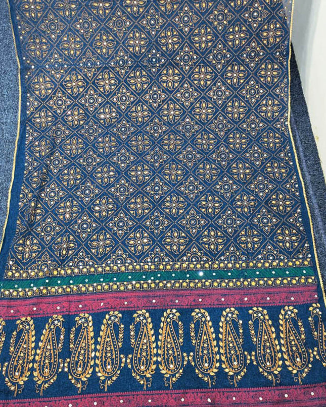 Chiffon With Block Print + Mirror Sitara Work Dupatta